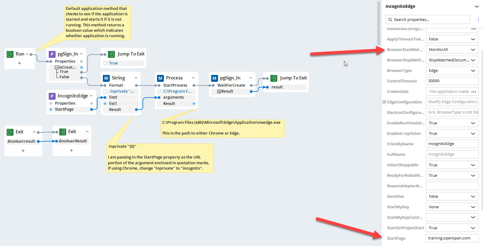 Screenshot of automation and application properties