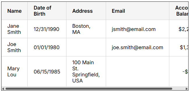 A read-only table in Constellation that has a horizontal scrollbar