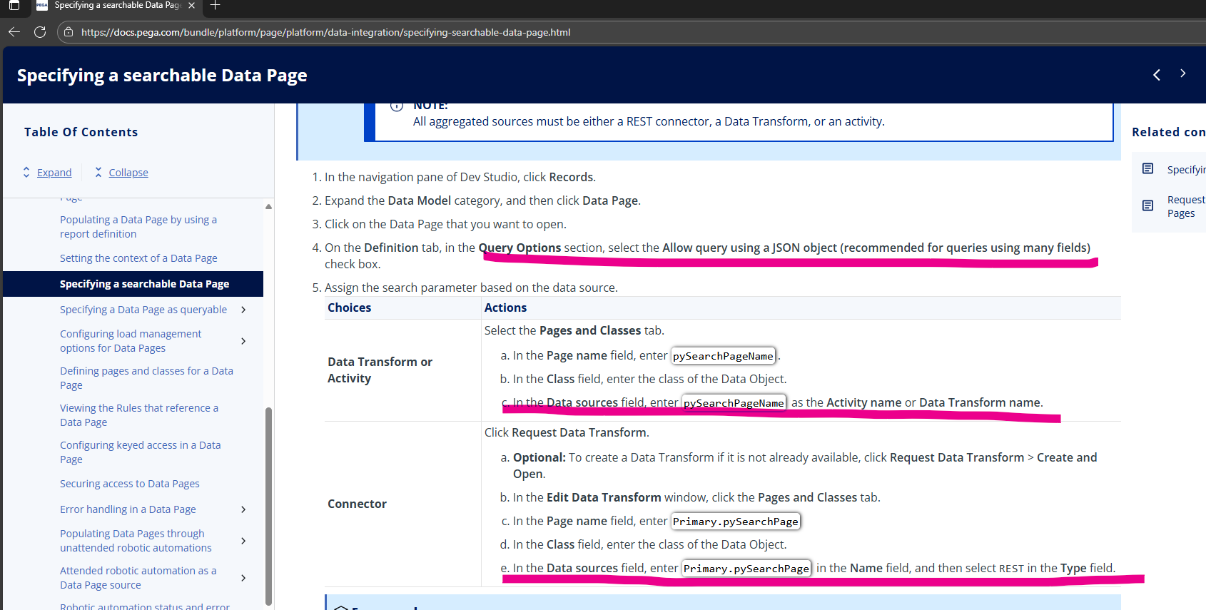 Searchable data page configuration