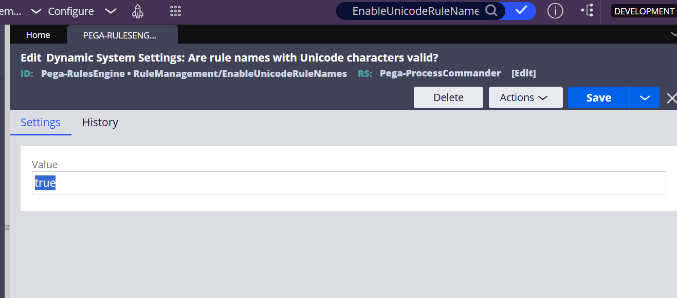 Set DSS attribute EnableUnicodeRuleNames as true