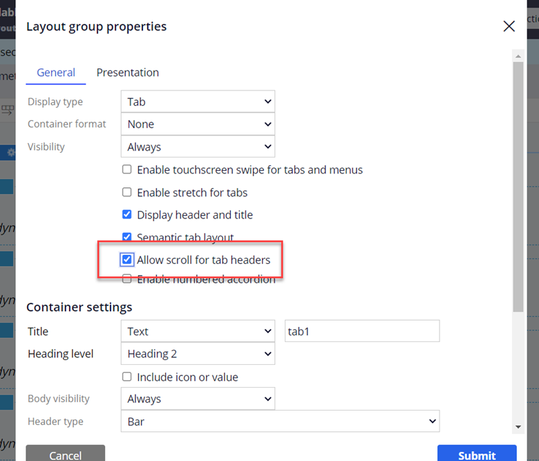 Layout group properties pop-up window