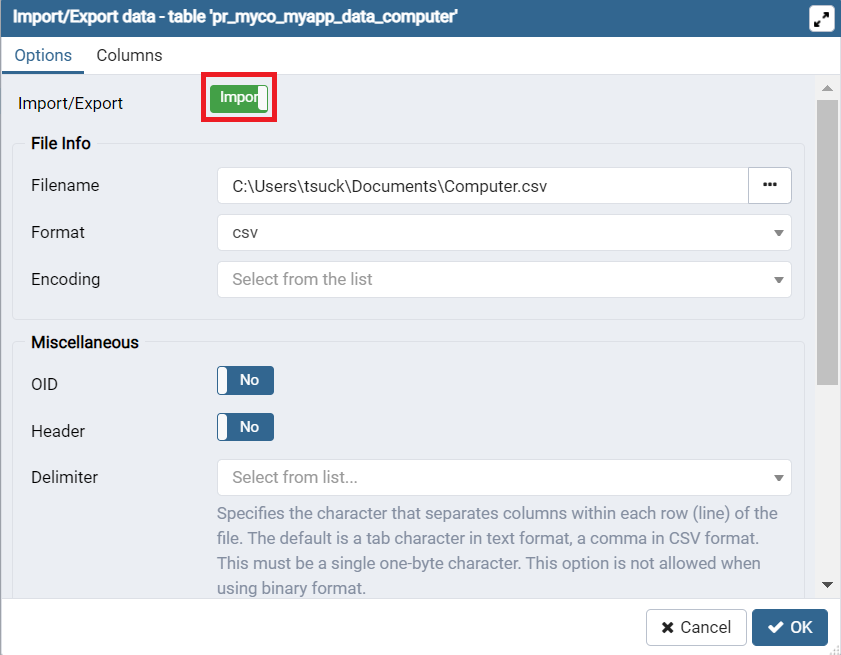 Specify Filename and Format for Import