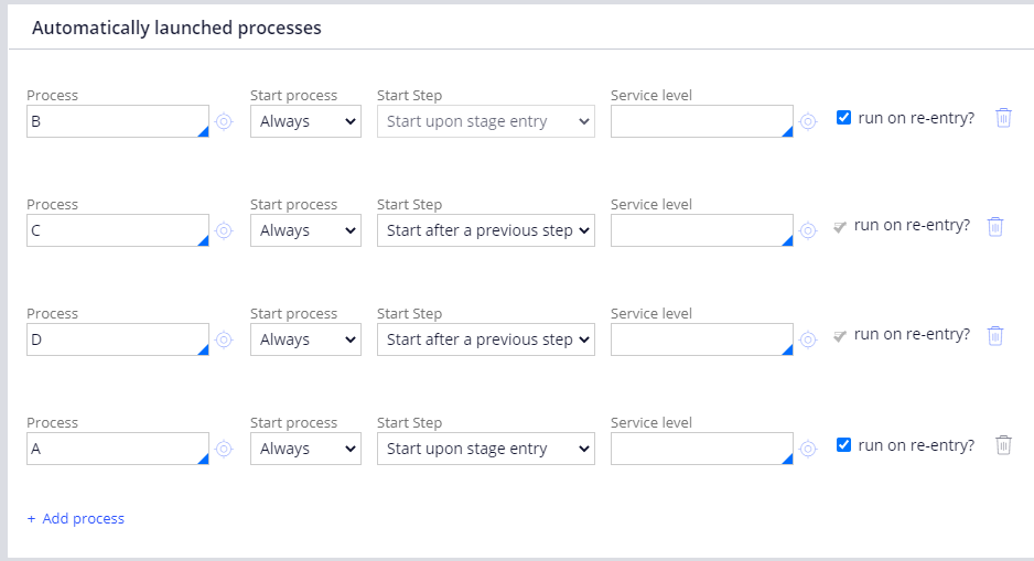 Start Step configuration of Processes in a Stage