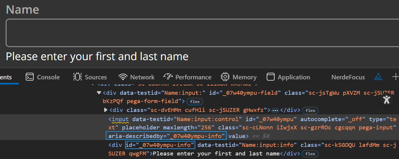 A text input field with visible helper text below the field. Relevant markup shows the aria-describedby attribute on the input field referencing the helper text