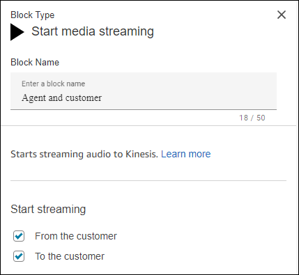 The Start Media Streaming block configuration.