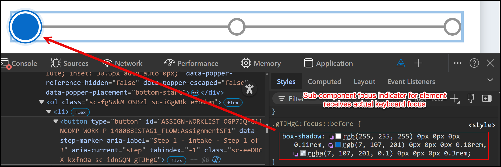 The box-shadow style around the sub-component in the progress indicator, in this case being a button