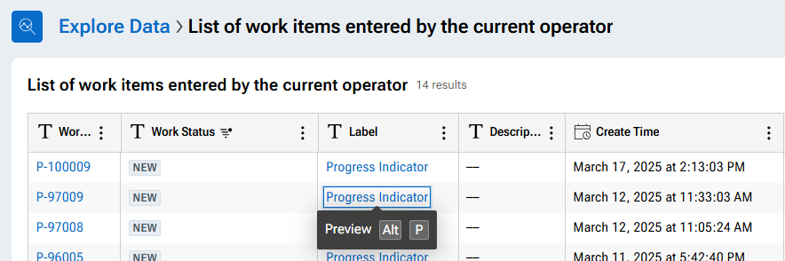 Keyboard focus is on a link within an Insight Table displaying the list of work items entered by the current operator 