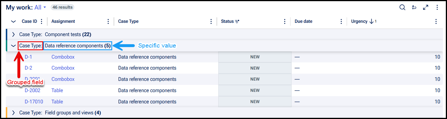 An Insight in a Constellation application displays a user's worklist, with results grouped based on which case type each work object applies to