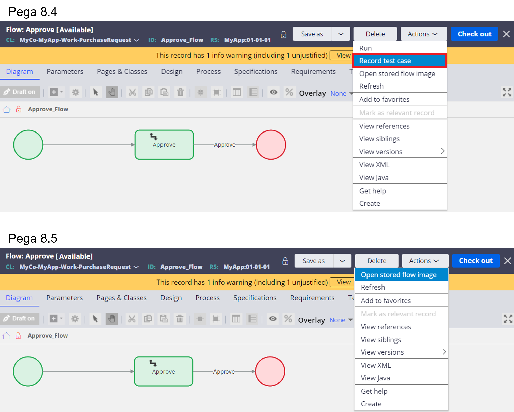 Test case creation menu comparison in 8.4 and 8.5