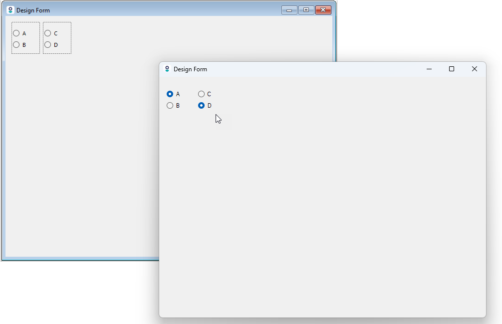A Windows form on top of the designer in Studio with Radio buttons selected from each group