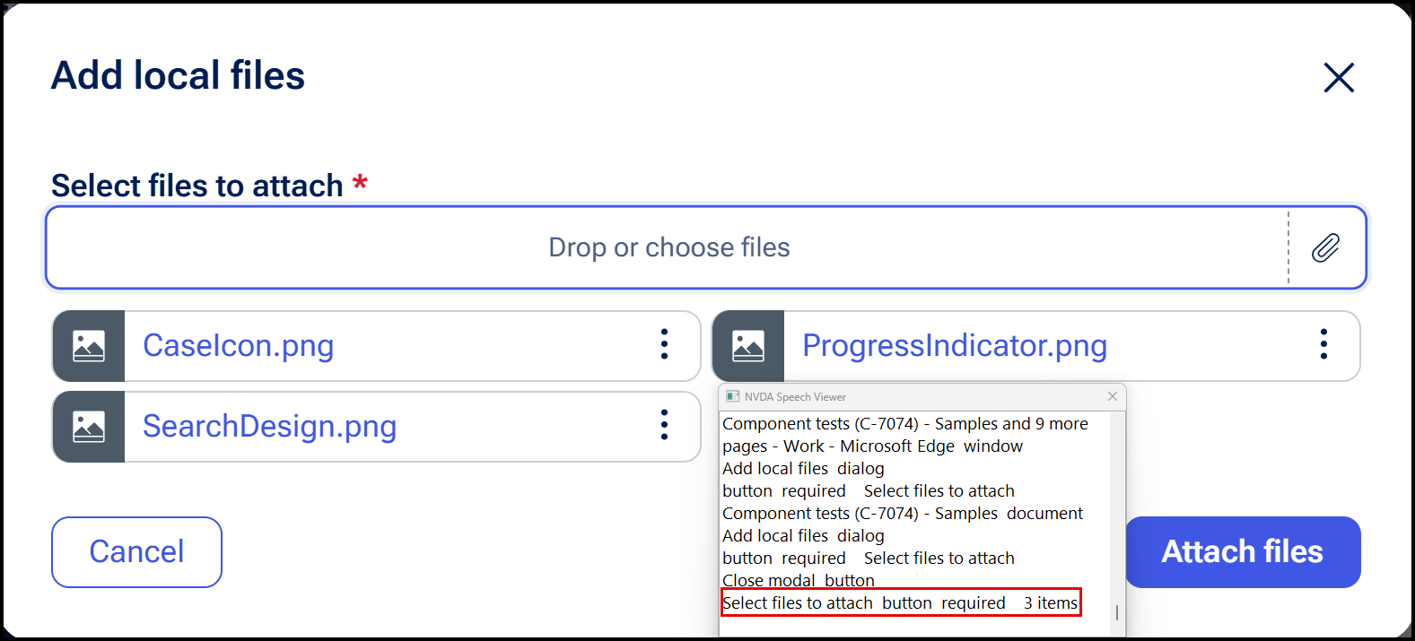 The attach file button in version 26, with NVDA announcing it as required along with the count of how many items were successfully uploaded so far
