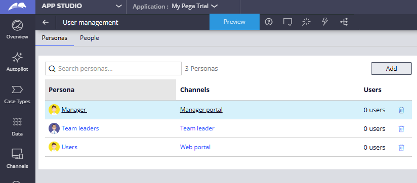 user management in Pega App Studio