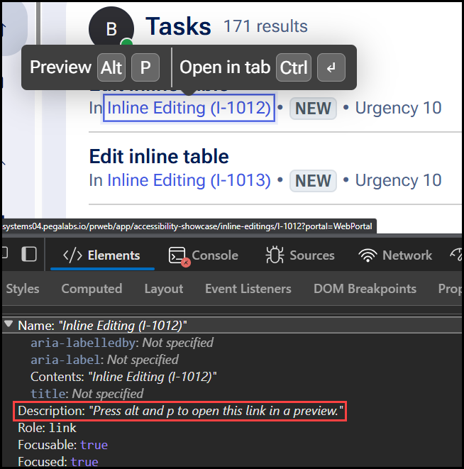 Tooltip text displaying on focus of a work object link, containing keyboard shortcuts for preview and open in tab