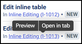 The preview and open in tab interactive tooltips appear on hover of a work object link