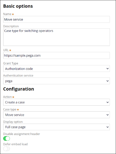 Web embed configuration screen