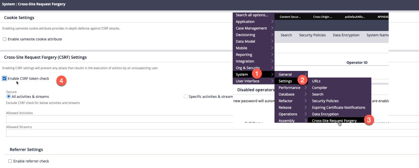 Cross site request forgery settings