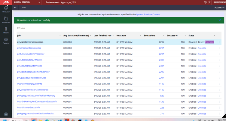 Admin Studio screen with the list of job schedulers and the Revert option