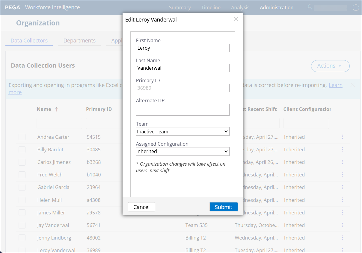 Assigning a data collector to the no data collection Team.