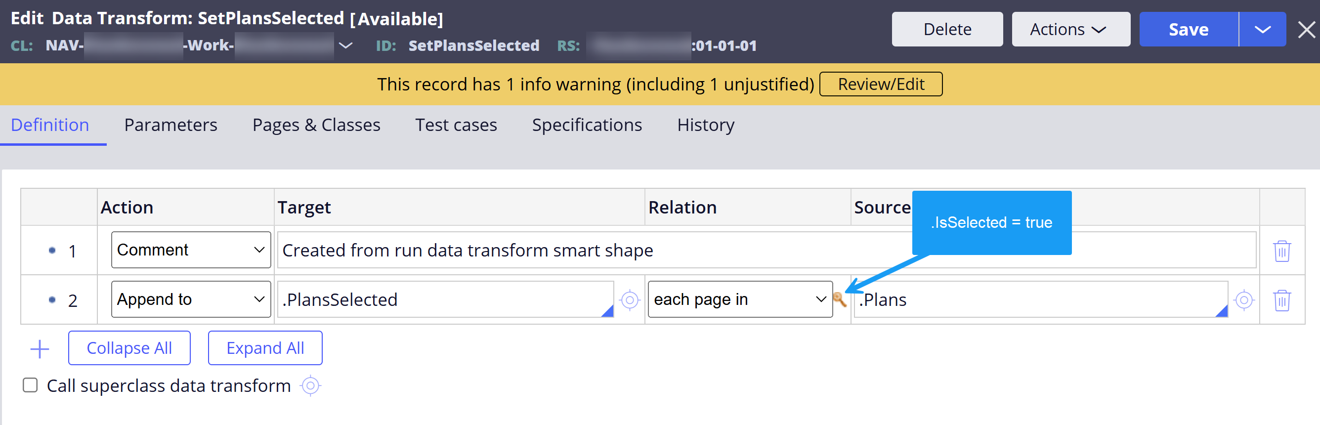 SetPlansSelected data transform