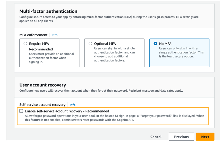 Configure security requirements - Enable self-service account recovery.