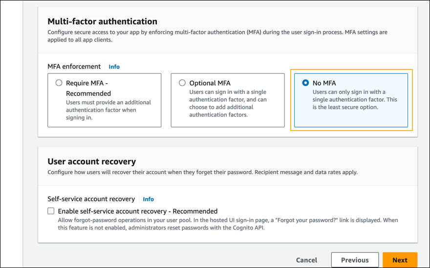 Configure security requirements - No MFA