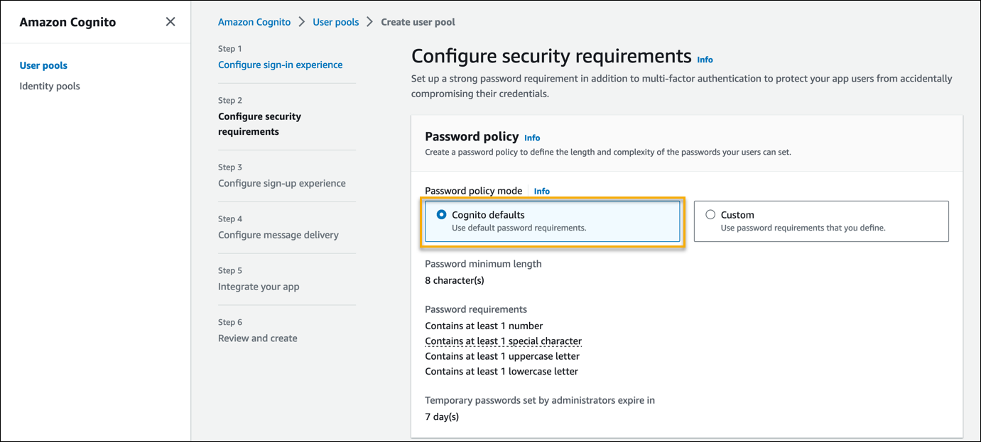 Configure security requirements - Cognito defaults.