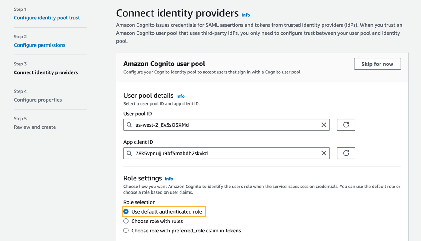 Connect identity providers - Use default authenticated role option.