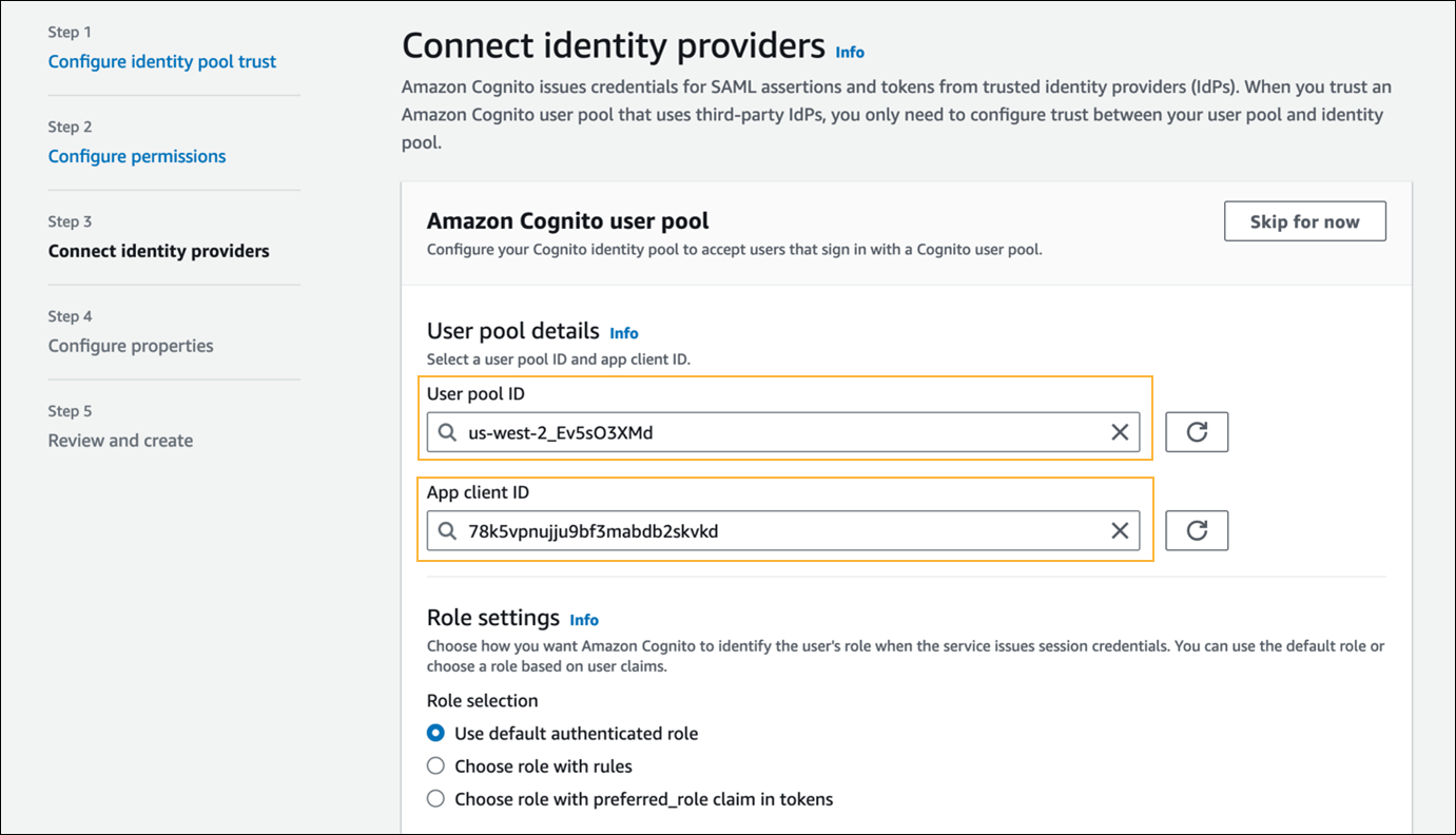 Connect identity providers - User pool ID and App Client ID values.