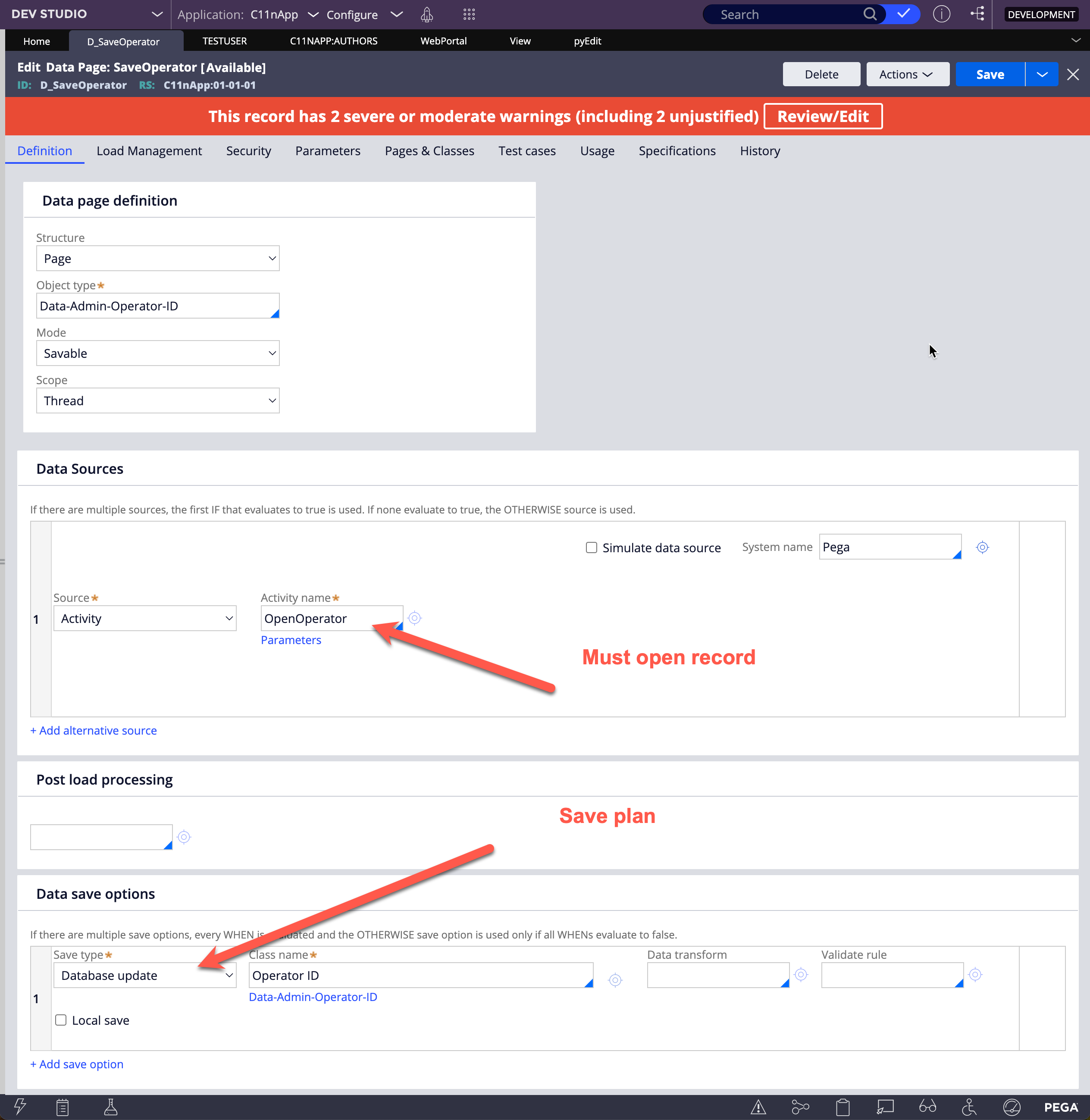 data page options