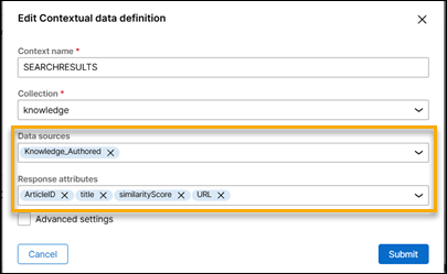 The "Edit contextual data definition" dialog box where you define the data source and response attributes.