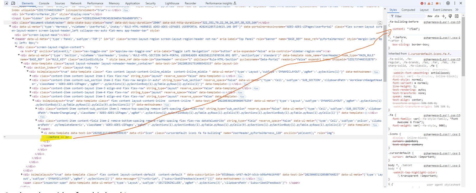 Browser Dev Tools Element panel showing loaded CSS ::before elements  on English local