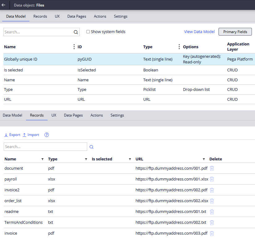 Figure 1 - File data object and test records