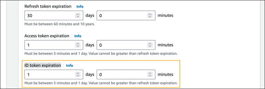 App integration tab - ID token expiration field.