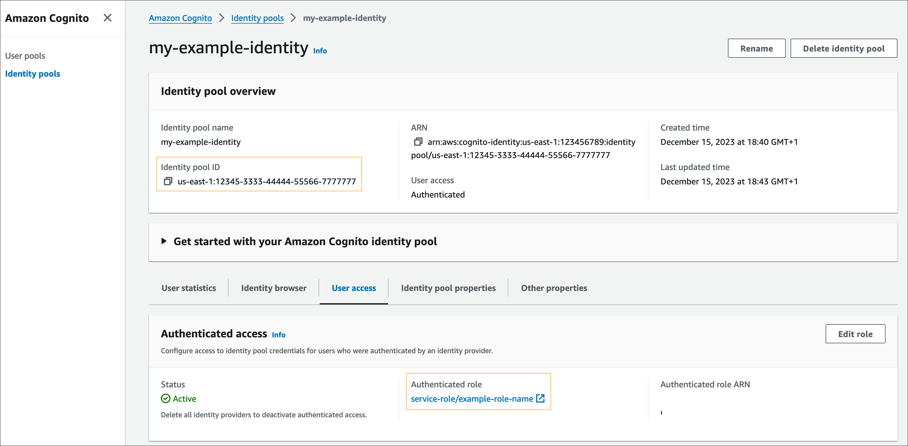 Identity pool ID and Authenticated access role values.