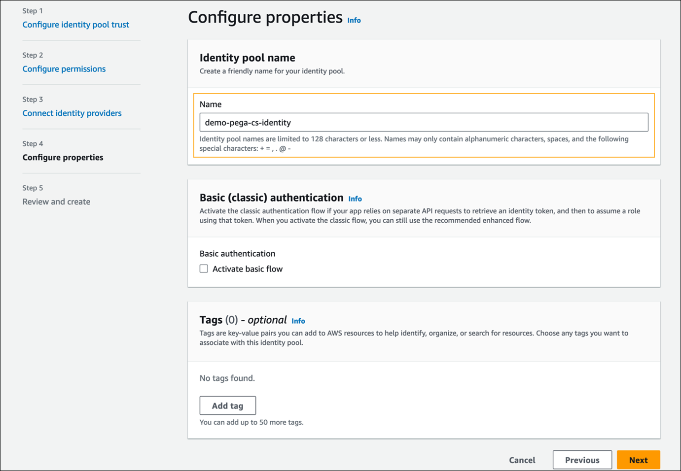 Configure identity pool - Identity pool name field.