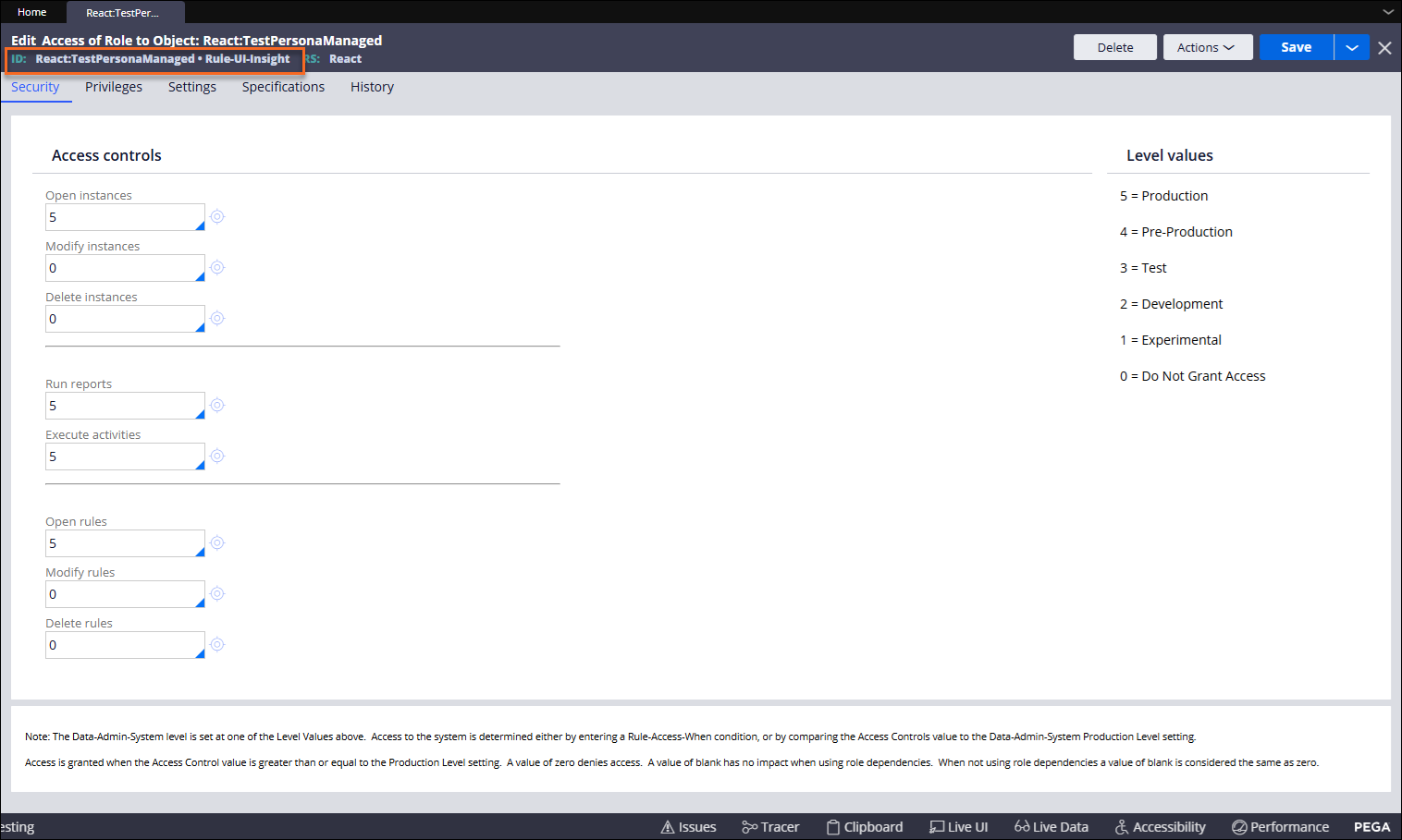 Access of Role to Object configuration with deletion access set to 0