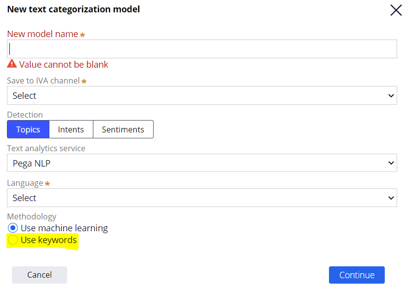 create a model by selecting "Use Keywords" model