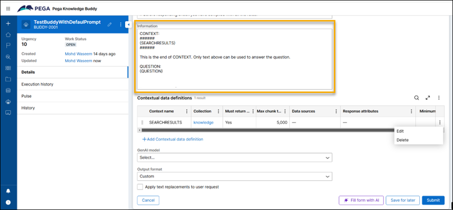 The Information section in a Knowledge Buddy configuration.