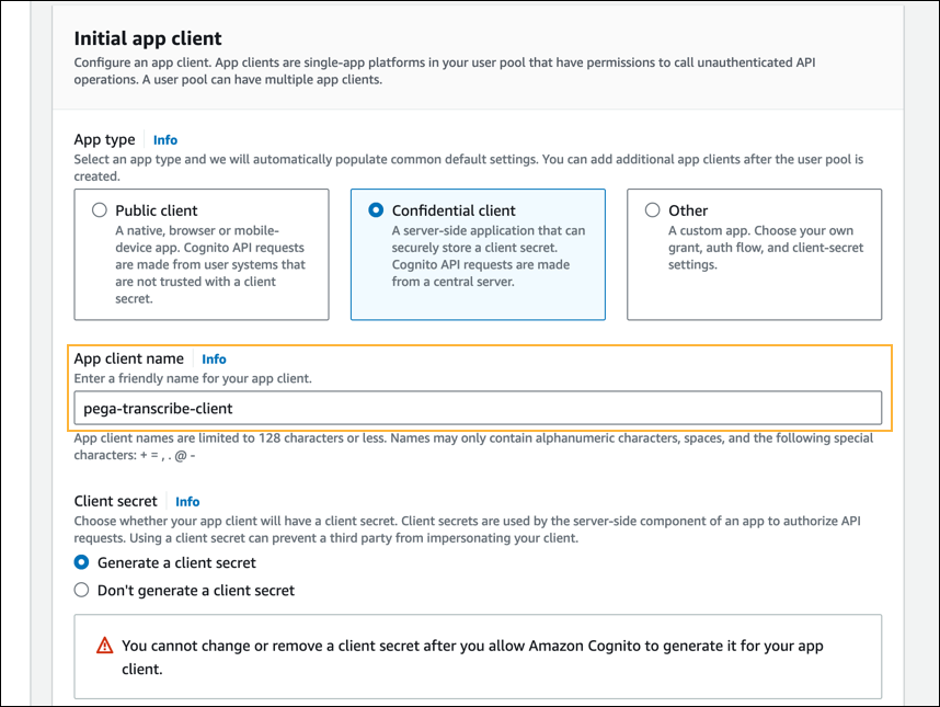 Integrate your app - App client name field.