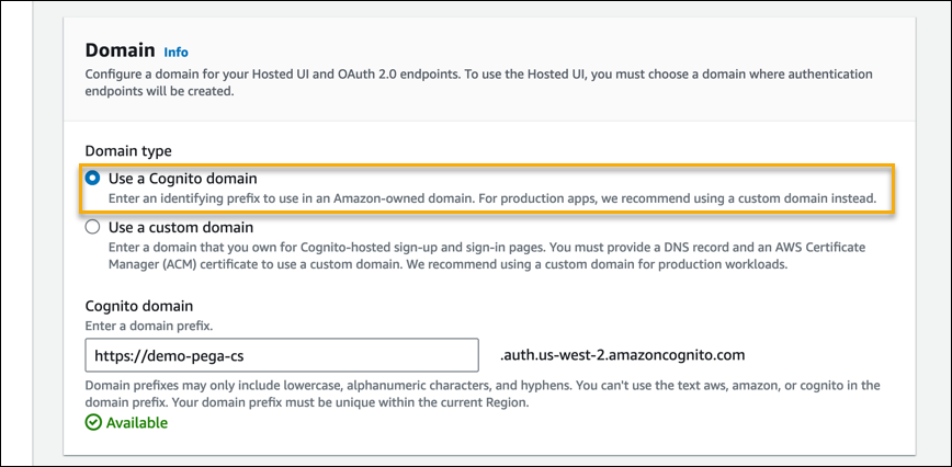 Integrate your app - Use a Cognito domain option.