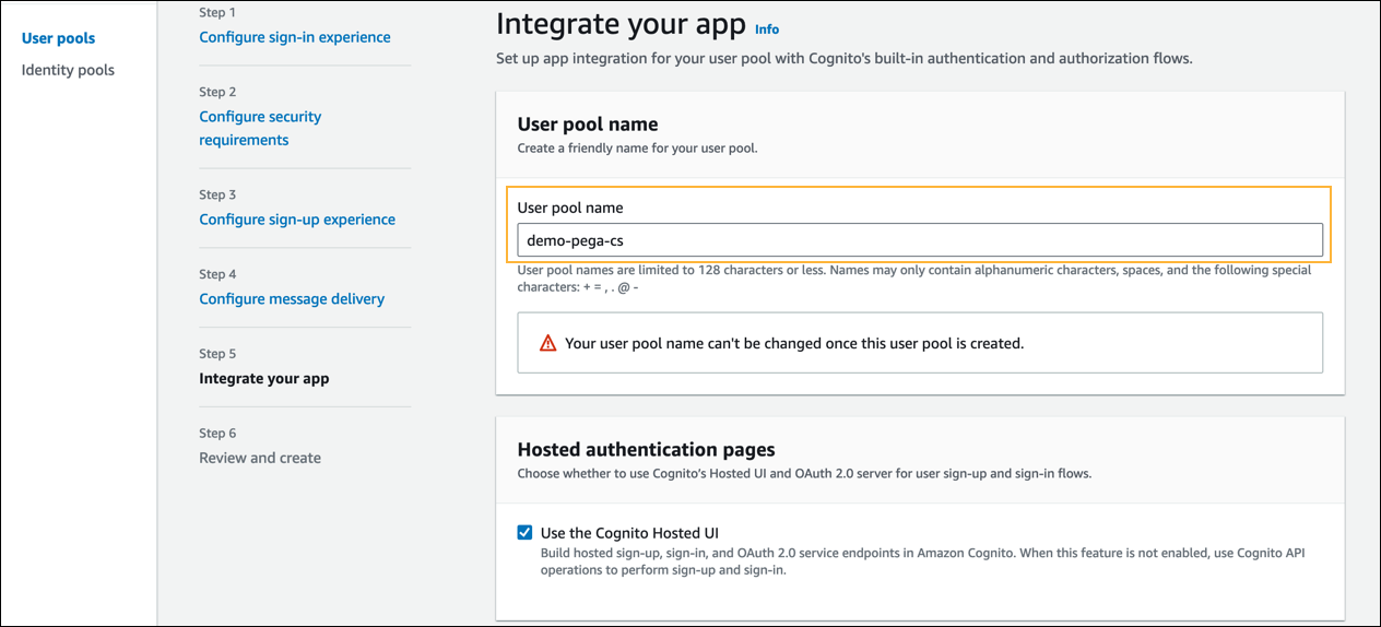 Integrate your app - User pool name.