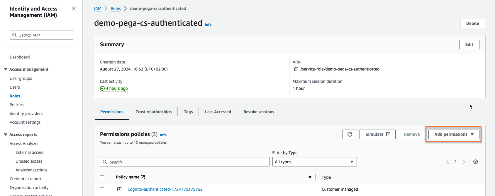 The Add permissions option in the AWS Management Console.