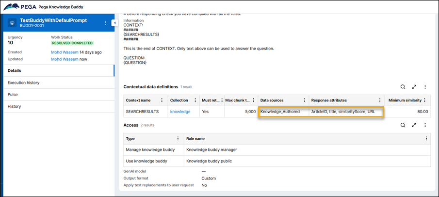 The data source and response attributes for a sample Knowledge Buddy. Adding these response attributes, along with the correct data source, ensure that the Knowledge Buddy works correctly with Conversational AI.