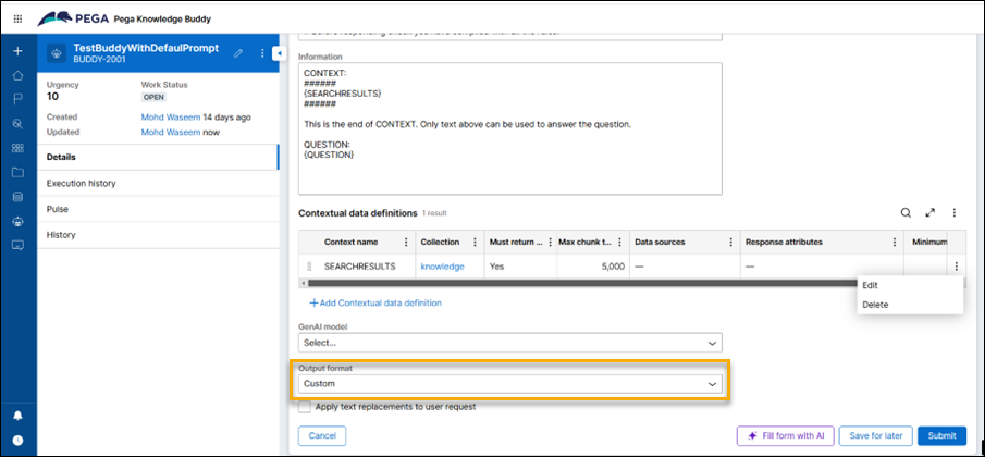 The output format set to "Custom" for a sample Knowledge Buddy.