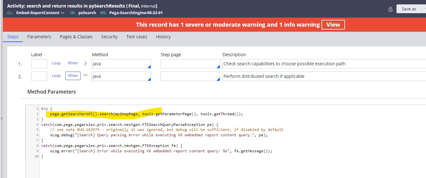 pzSearch activity OOTB rule