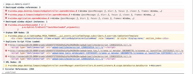 Pega JS Memory Leak Detector sample results