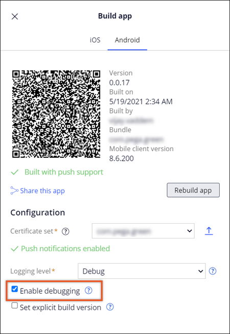 The Enable Debugging option for Build app Configuration