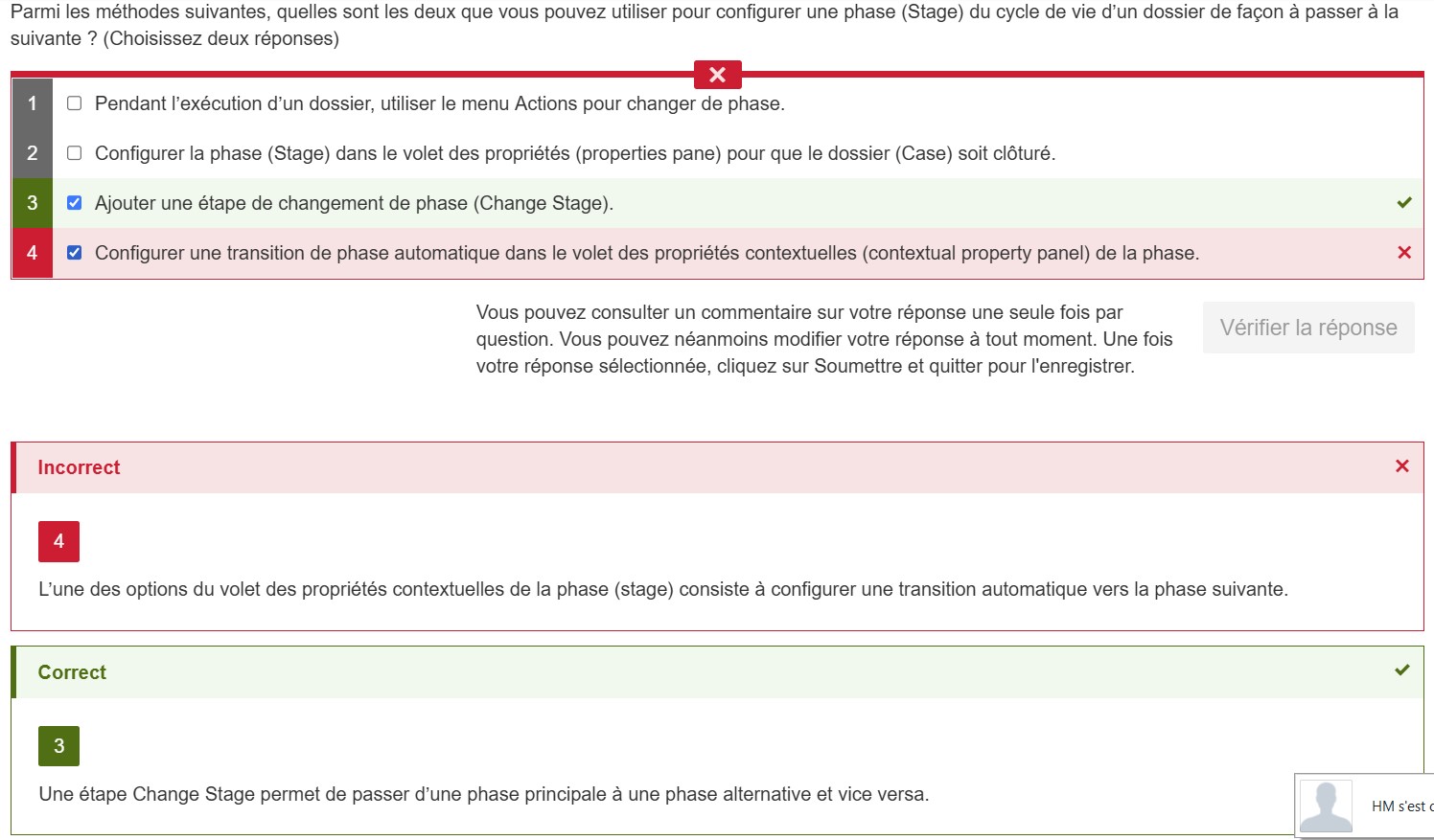 la réponse du système quand je réponds correctement