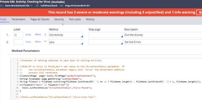 Private Edit of Activity Checking for Viruses shows Java code needed in Step 2.