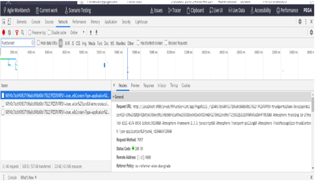 The HTTP long-polling connection is displayed in the Network tab of Developer Tools.